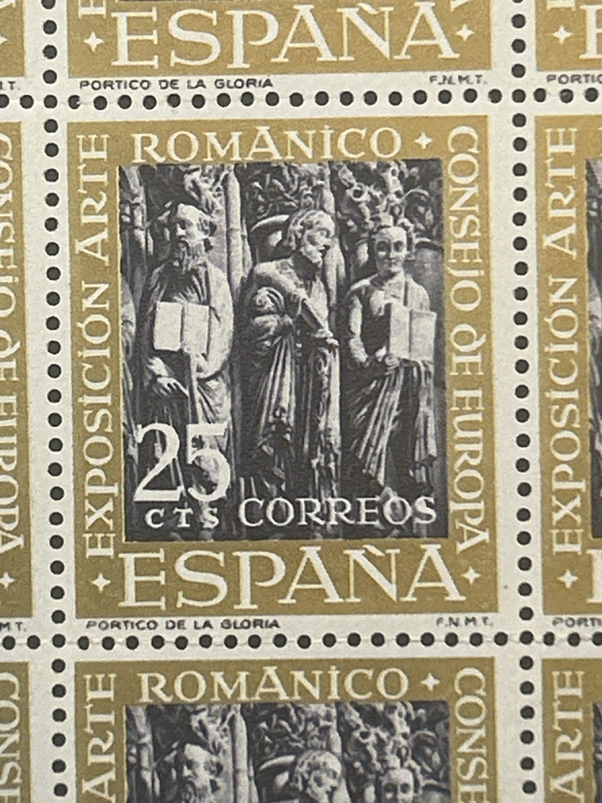 Pliego incompleto de 25 valores de 25 céntimos de 'Pórtico de la Gloria', Catedral de Santiago de Compostela de 1961 - Image 2