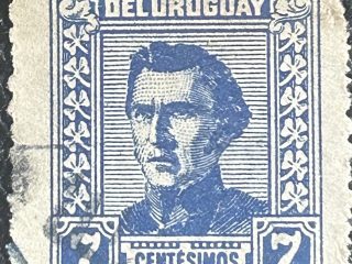 Sello Artigas 1954, 7c Azul, usado