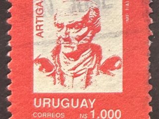 Sello Uruguay 1990 - libertadores - Artigas 1000 NS rojo  usado