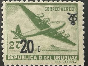 Sello Uruguay - Correo Aéreo 1960 Sobrecargado - Douglas DC4 - 20cts sobre sello 27 cts - verde Claro - Nuevo