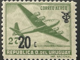 Sello Uruguay - Correo Aéreo 1960 Sobrecargado - Douglas DC4 - 20cts sobre sello 27 cts - verde Claro - Nuevo