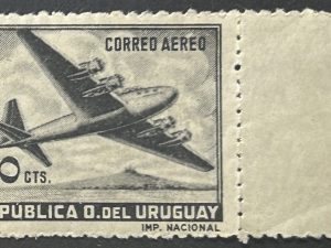Sello Uruguay - Correo Aéreo 1954 - Douglas DC4 - 10 cts - Negro - con bandeleta nuevo