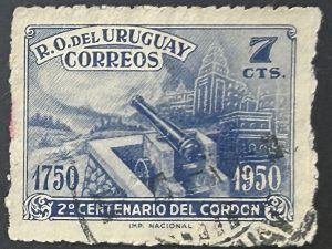 Sello Uruguay 7c 1950 - Fortaleza con cañón y Montevideo moderno - usado