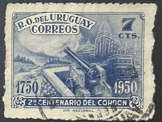 Sello Uruguay 7c 1950 - Fortaleza con cañón y Montevideo moderno - usado