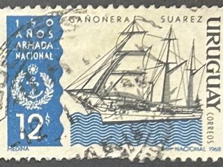 Sello Uruguay 1968 - Cañonera Suárez - 12 $ - Azul y Negro, Usado