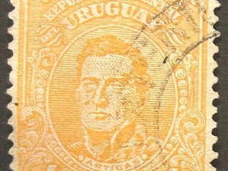 Sello Uruguay 1915, Artigas Naranja 4 Céntimos usado. Issue I - impresión borrosa