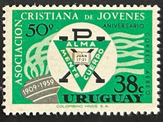 Sello Uruguay 1959 - Asociación Cristiana de Jovenes - Verde y Negro - 38c Nuevo