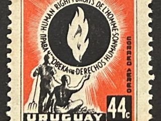 Sello Uruguay, 1958 - 44c - Derechos Humanos - Correo Aéreo - Rojo y Negro