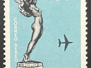 Sello Uruguay 1960 - Diosa Alada - 38c Cyan y Negro , usado