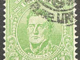 Sello Uruguay 1913 - Artigas Verde 1 Céntimo usado. Emisión 2 - impresión borrosa