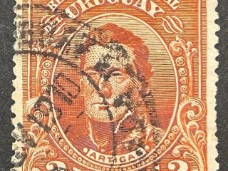 Sello Uruguay 1912, Artigas Rojo Naranja 2 Céntimos usado. Emisión I - impresión borrosa
