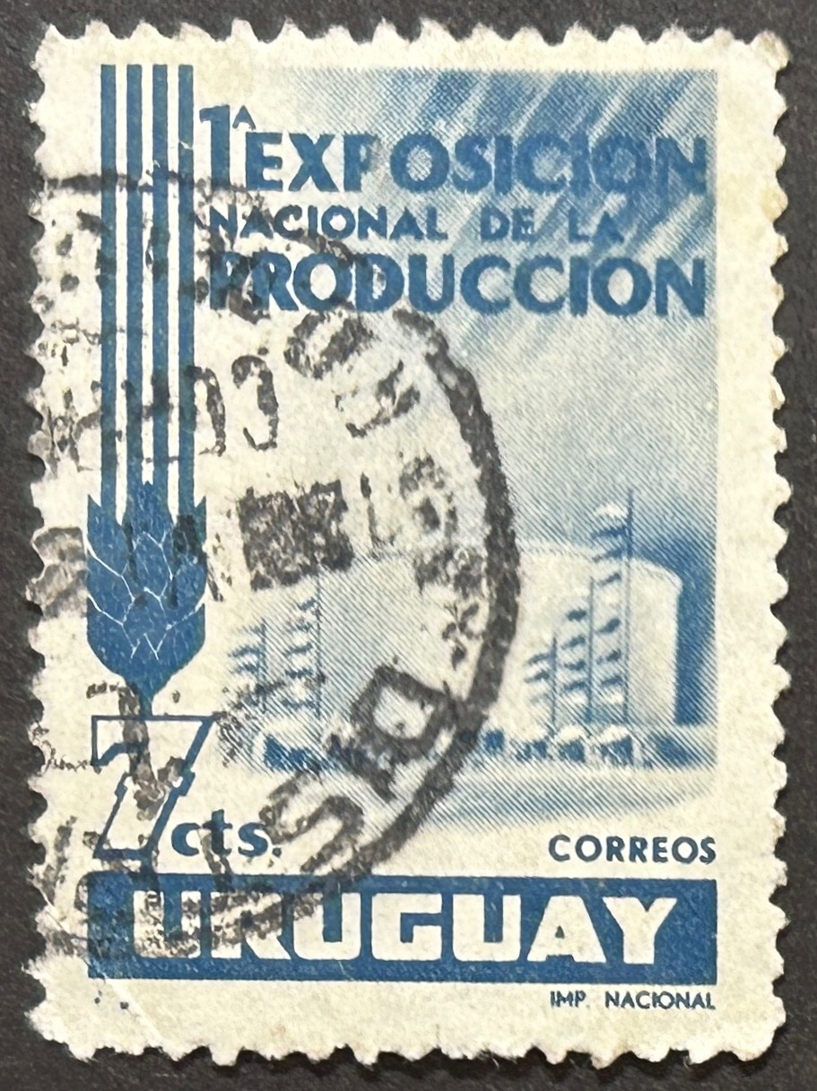 Sello Uruguay 1956 - Exposición Producción- 7c. azul