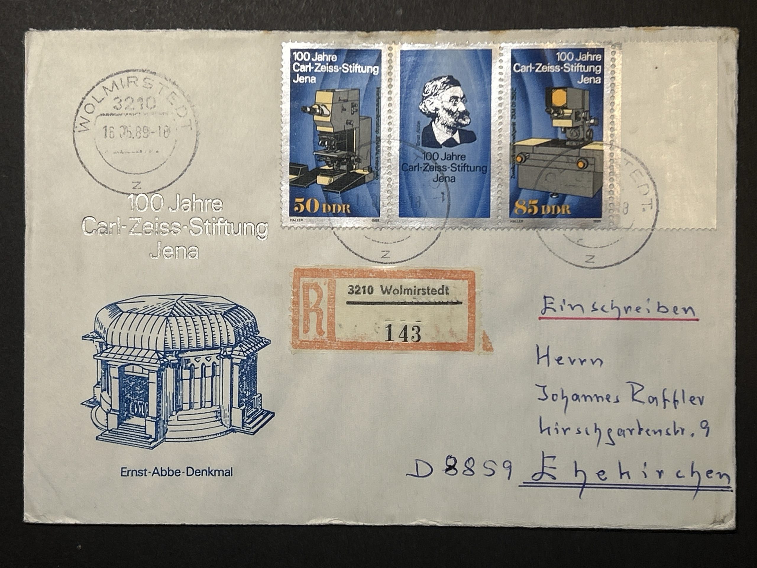 Sobre Conmemorativo DDR 1989 - Ernst-Abbe-Denkmal - Karl Zeiss - circulado