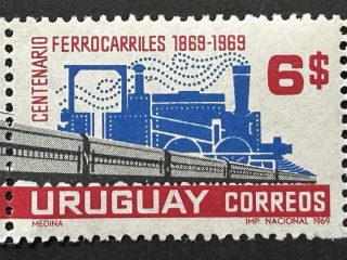 Sello tríptico Uruguay 1969 - Centenario Ferrocarril- 2 x 6$ Nuevo