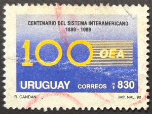 Sello Uruguay 1990 - Centenario sistema Interamericano - 830 N$ azul amarillo y negro