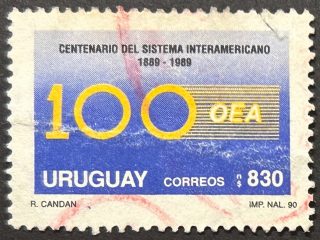 Sello Uruguay 1990 - Centenario sistema Interamericano - 830 N$ azul amarillo y negro