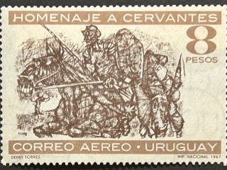 Sello Uruguay 1967 - Homenaje a Cervantes- 8 pesos , marrón , Nuevo