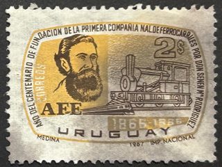 Sello Uruguay 1967 - Centenario Fundación del Ferrocarril- 2$ usado