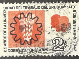 Sello Uruguay 1968 - Universidad del Trabajo- 2$ Rojo y Negro usado
