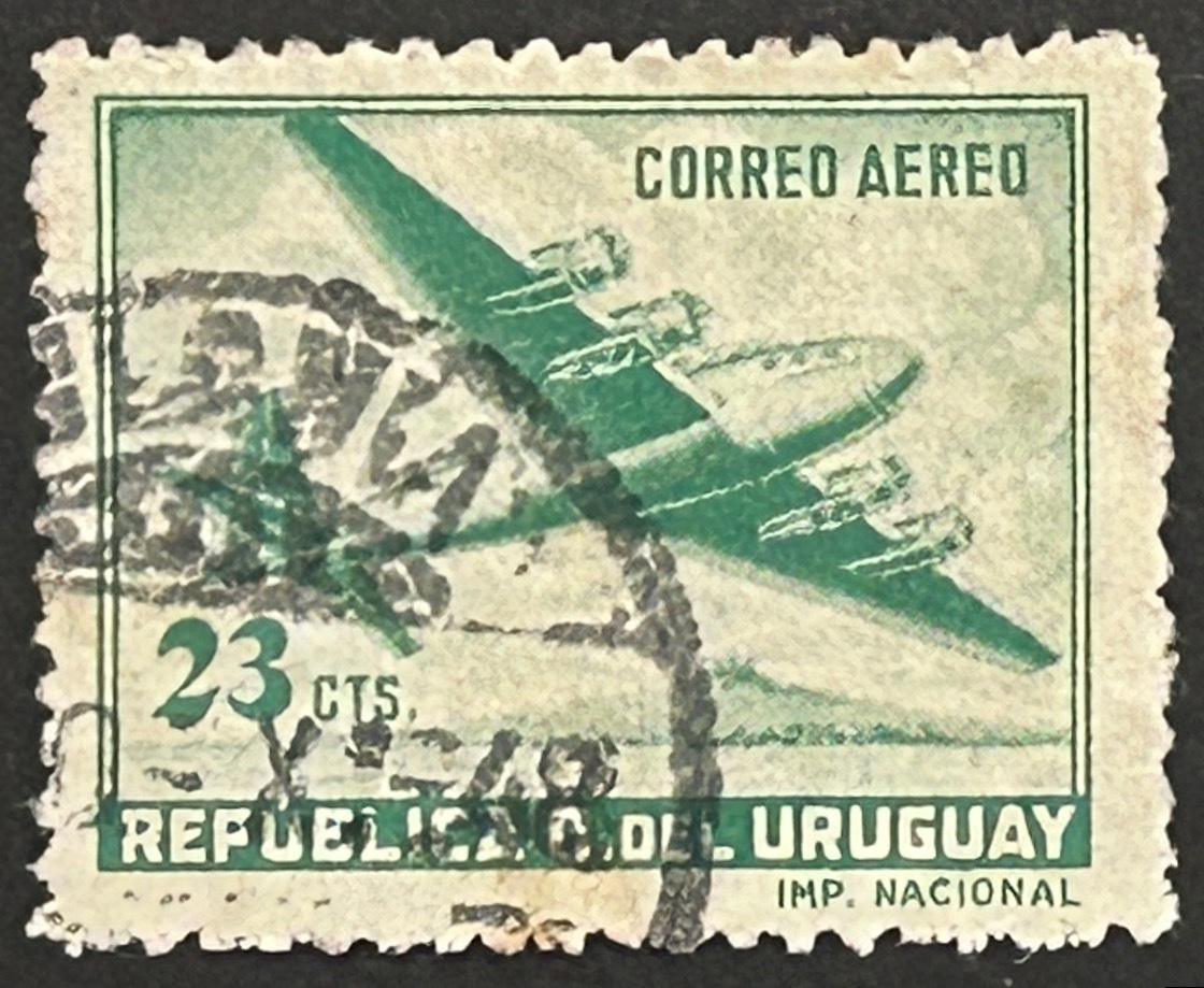 Sello Uruguay 1952 - Douglas DC4 - 23 cts. Verde Turqesa, usado