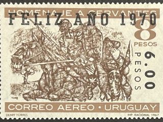 Sello Uruguay 1969 - Feliz Año sobreimpreso en sello de Don quijote- 6 pesos sobre valor original de 8, marrón