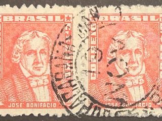 Par sellos Brasil 1959 - José Bonifacio- 20 Cr$ Rojo Usado