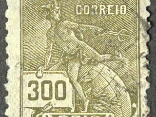 Sello Brasil 1920 - Mercurio y el Mundo - 300 Reis Azul, Usado