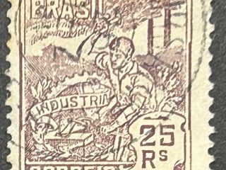 Sello Brasil 1920 - Industria - 25 Rs Lila - Marrón usado