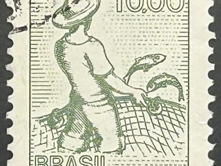 Sello Brasil 1979 - Pescador - 10,00 Cr$ Verde Gris. Usado