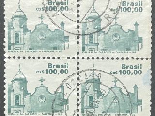 Sellos Brasil 1987 - N.Sra das Dores - 100,00 Cr$ Verde . Usado bloque de 4