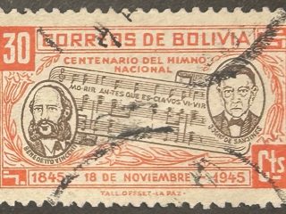 Sello Bolivia 1946 - Centenario del Himno Nacional- 30 Cts Rojo y Negro. Usado