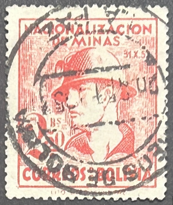 Sello Bolivia - Nacionalización de Minas - 2,50 Bs Rojo. Usado