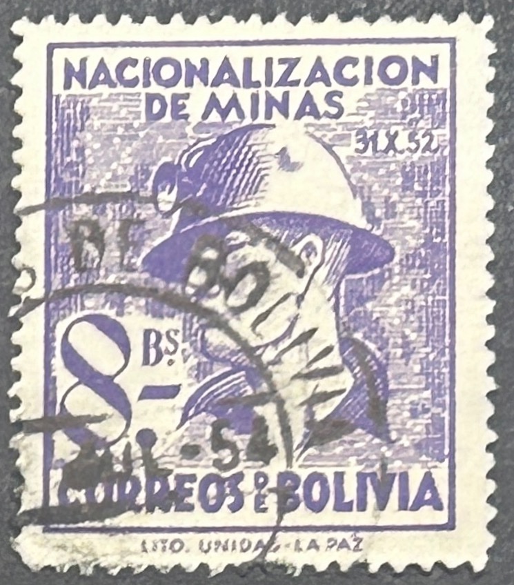 Sello Bolivia - Nacionalización de Minas - 8 Bs Lila. Usado