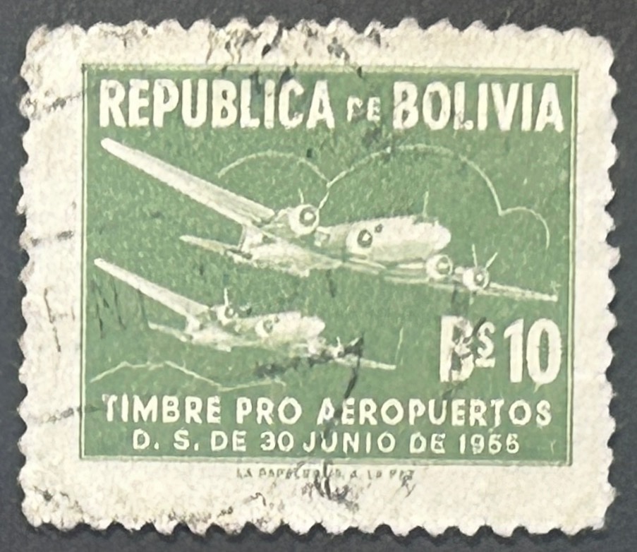 Sello Bolivia 1955 - Pro Aeropuerto - Bs 10, verde. Usado