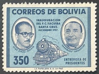 Sello Bolivia 1957 - Inauguración FFCC Yacuba - 350 Bs Azul, Aéreo