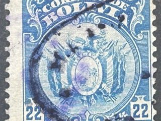 Sello Bolivia 1919 - Escudo - 22 centavos Azul. Usado