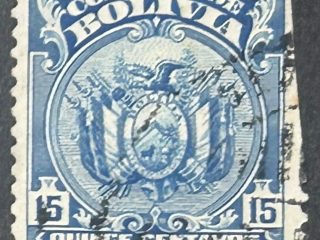 Sello Bolivia 1925 - Escudo - 15 Centavos Azul Usado, Borde cortado