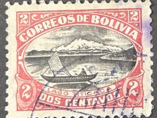 Sello Bolivia 1918 - Lago Titicaca - 2 Centavos Rojo y Negro - Usado