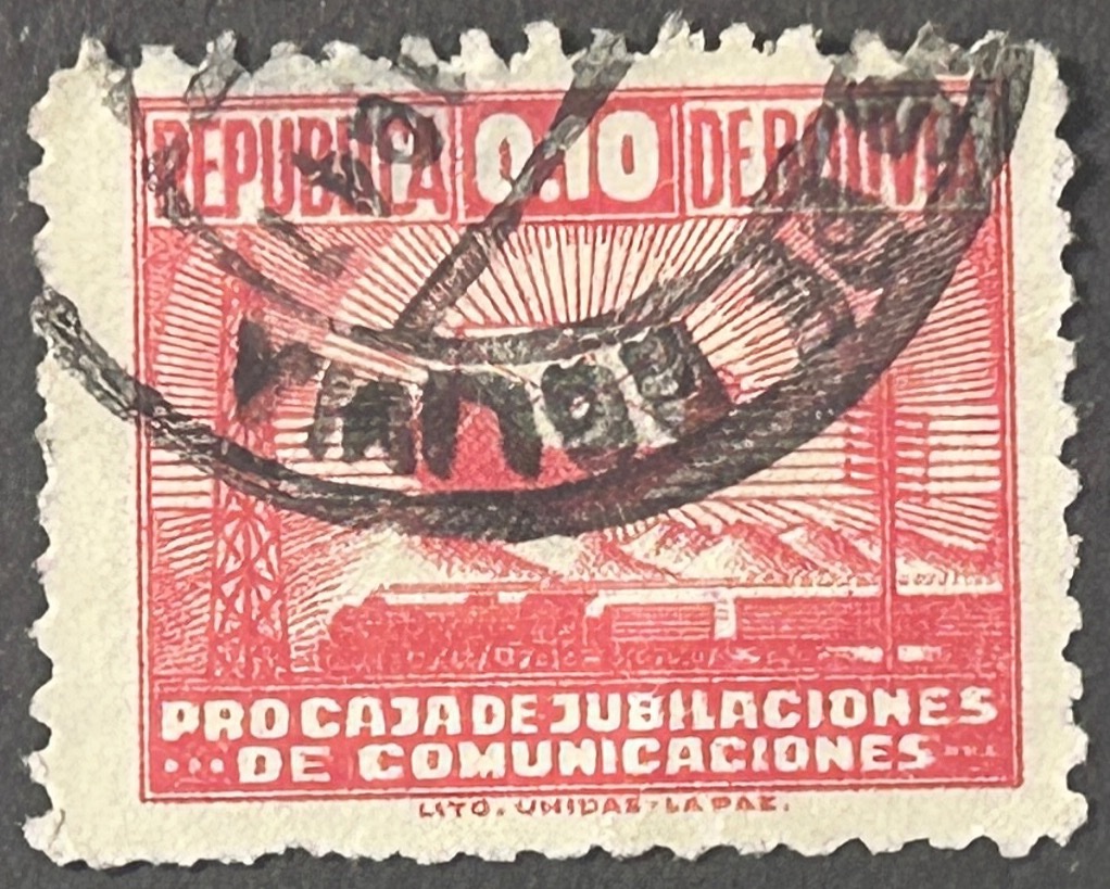 Sello Bolivia 1947 - Pro Caja Jubilaciones - 10 céntimos Rojo. Usado