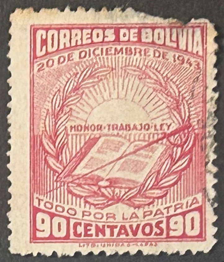 Sello Bolivia 1943 - Todo por la Patria - 90 Centavos Rojo . Usado con defecto
