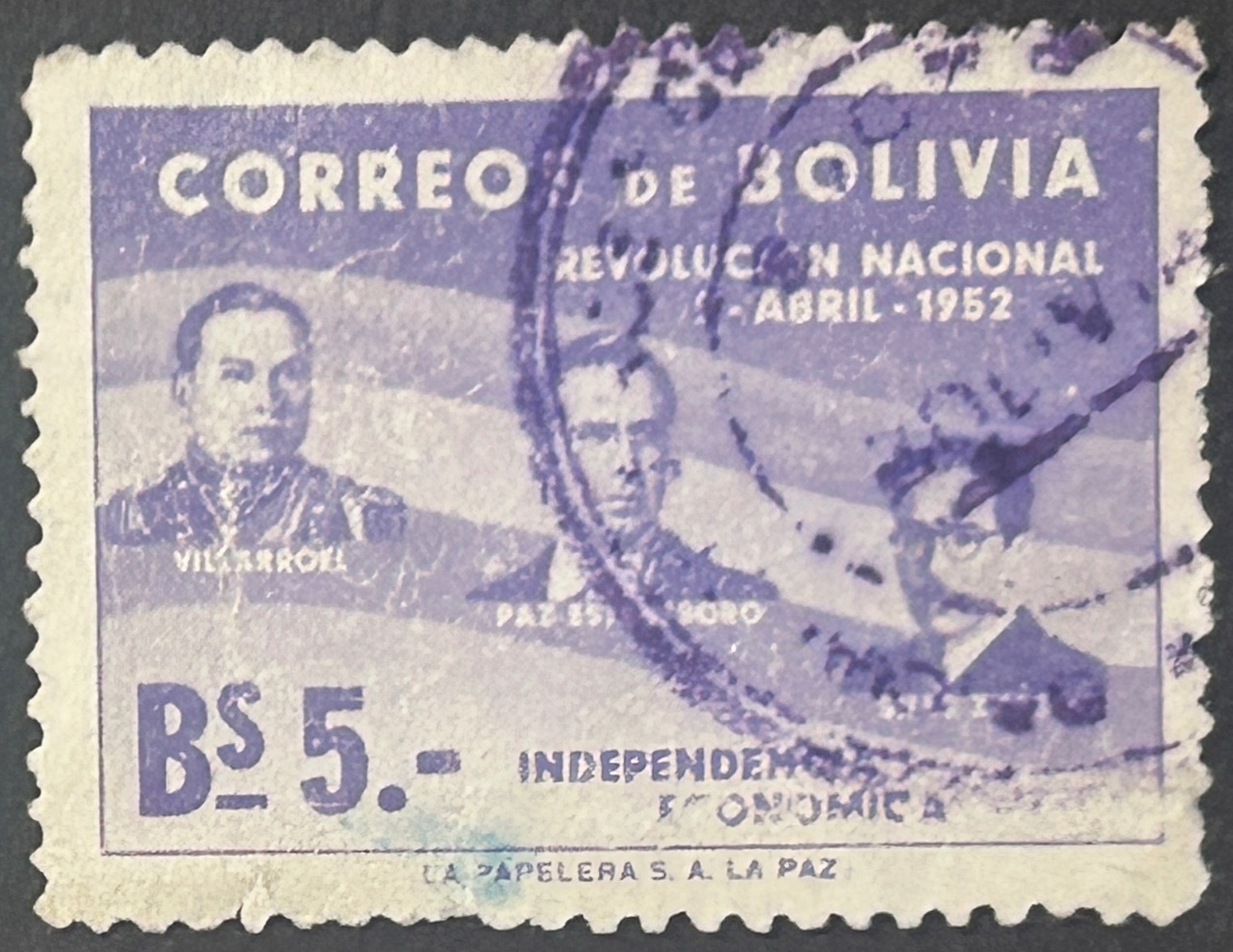 Sello Bolivia 1953 - Revolución Nacional - Bs 5 Lila Usado Aéreo