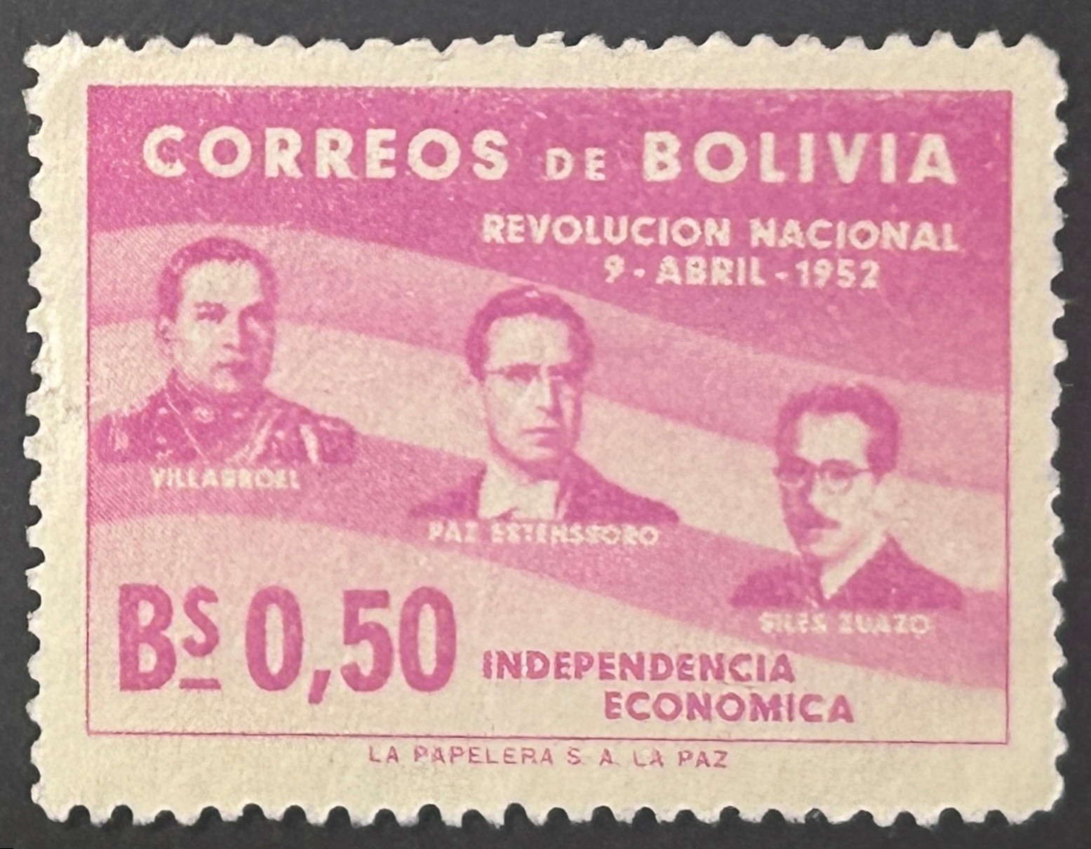 Sello Bolivia 1953 - Revolución Nacional - Bs 0,50 Rosa, Usado Aéreo