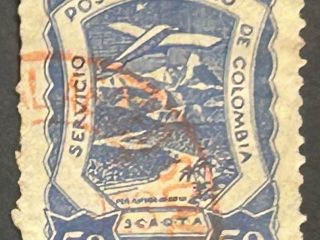 Sello Colombia 1921 - SCADTA - 50 céntimos , Azul - Usado, Aéreo