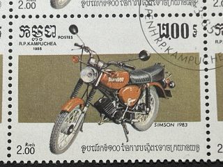 Bloque Sellos Camboya 1985 - Motocicletas: Simpson- 2,00 Riels - 10 Valores