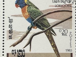 Bloque de 5 sellos de Camboya 1983 - Aves : Loriquet - 0,20 Riels