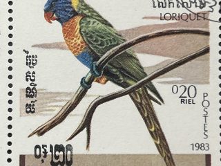 Bloque de 5 sellos de Camboya 1983 - Aves : Loriquet - 0,20 Riels