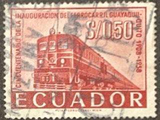 Sello Ecuador 1958 - Ferrocarril Guayaquil - 0,50 Sucre Rojo Usado