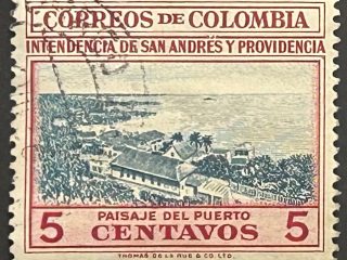 Sello Colombia 1956 - Paisaje del Puerto - 5 Centavos Rojo y Azul, Usado