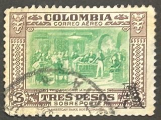 Sello Colombia 1951 - Independencia- Sobreporte - Tres Pesos