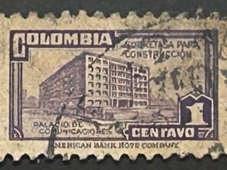 Sello Colombia 1946 - Palacio de Comunicaciones- 1 Centavo, Azul-Lila, Usado